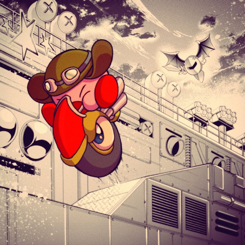 bat_wings, battleship, blue_eyes, closed_eyes, halberd_(airship), helmet, highres, kirby, kirby_(series), kirby_super_star, mask, meta_knight, military, military_vehicle, mokichi_(4exezmfsatnhsm5), monochrome_background, motor_vehicle, motorcycle, nintendo, riding, ship, solo_focus, spot_color, sword, ventilation_shaft, warship, watercraft, weapon, wheelie_(kirby), wings