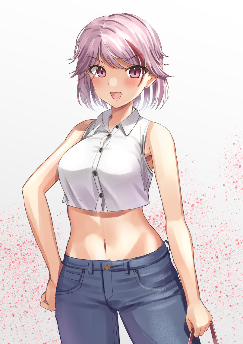 1girl, :d, alternate_costume, bag, blouse, blush, collared_shirt, cropped_shirt