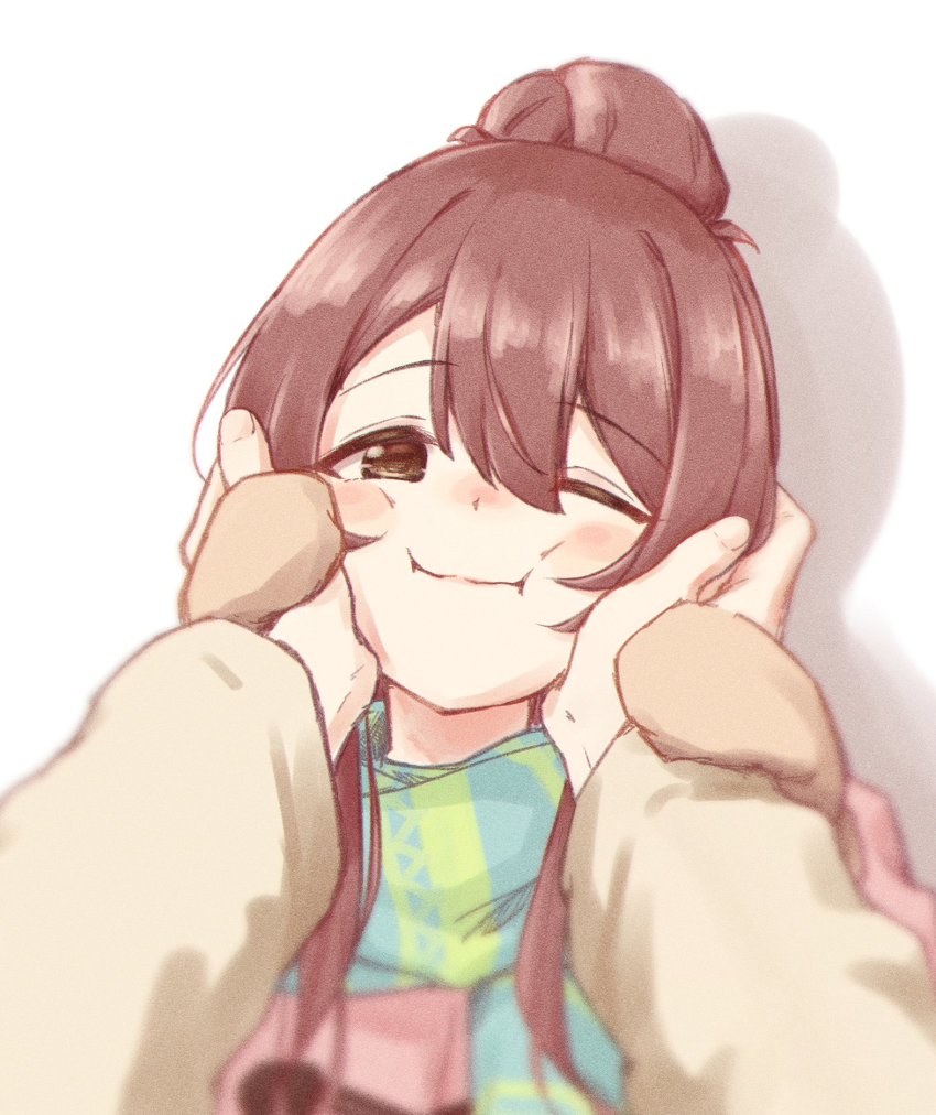 beige_coat, blush, brown_eyes, brown_hair, coat, hair_bun, hands_on_cheeks, highres
