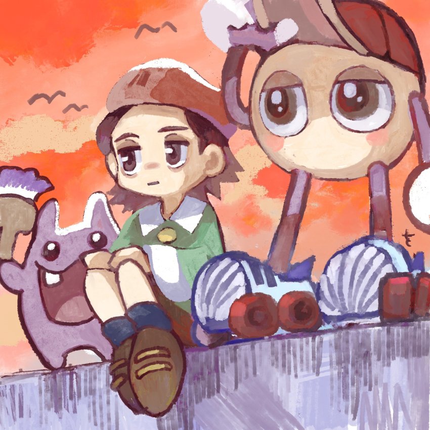 1boy, 1girl, 1other, adeleine, adjusting_clothes, adjusting_headwear, bat_(animal), beret