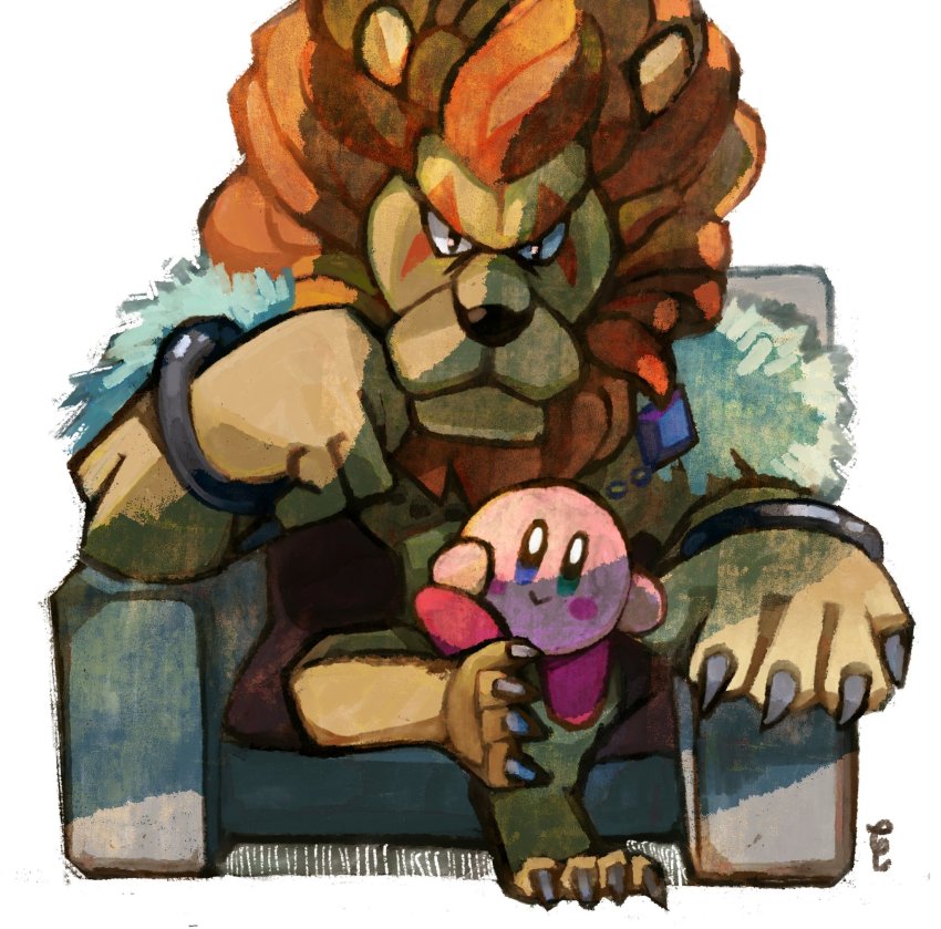 2boys, bracelet, claws, crossed_legs, hand_on_own_head, highres, jewelry, kirby
