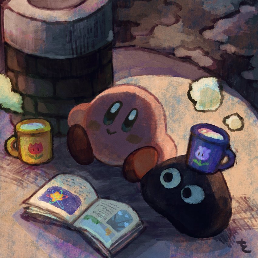 :>, blue_eyes, blush_stickers, book, chimney, cup, gooey_(kirby), highres