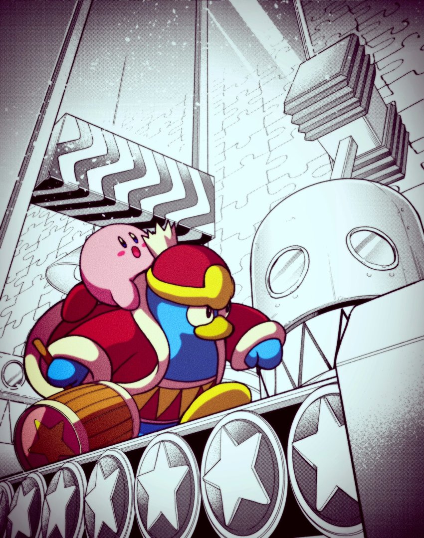 beanie, bird, blush_stickers, coat, factory, gun, hammer, hat, highres, kirby, kirby_(series), kirby_64, machine_gun, mokichi_(4exezmfsatnhsm5), monochrome_background, nintendo, open_mouth, penguin, riding, weapon