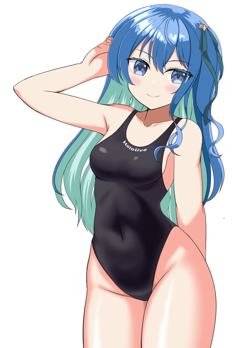 1girl, absurdres, black_one-piece_swimsuit, blue_eyes, blue_hair, breasts, clothes_writing, collarbone, colored_inner_hair, commentary_request, competition_swimsuit, covered_navel, cowboy_shot, groin, hair_between_eyes, hair_ribbon, highleg, highleg_one-piece_swimsuit, highres, hololive, hoshimachi_suisei, long_hair, multicolored_hair, one-piece_swimsuit, ranobe-senka, ribbon, simple_background, small_breasts, solo, standing, swimsuit, virtual_youtuber, white_background