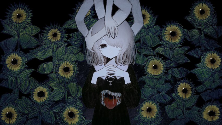 1girl, absurdres, black_dress, blonde_hair, cross, cross_necklace, dark_background, dress