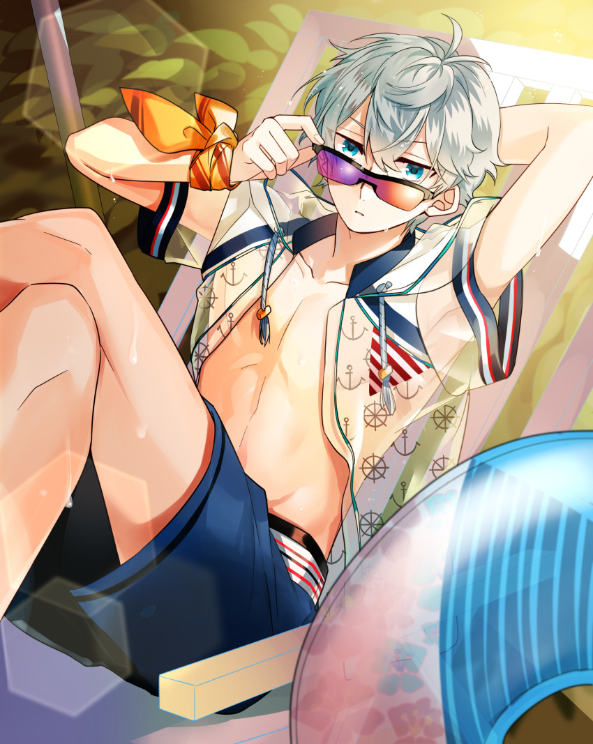 1boy, absurdres, ahoge, beach_chair, blue_eyes, crossed_legs, day, ensemble_stars!