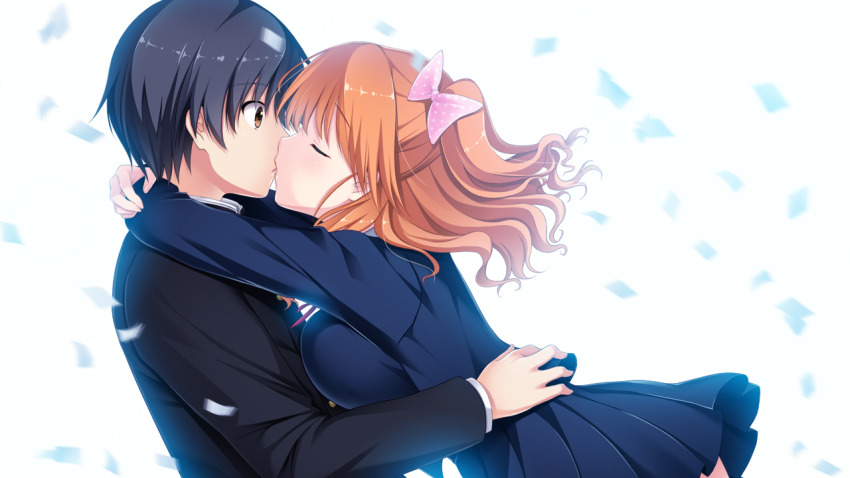 1boy, 1girl, akino_subaru, aoi_hinata_(gin'iro_haruka), arms_around_neck, backlighting, black_hair, black_jacket