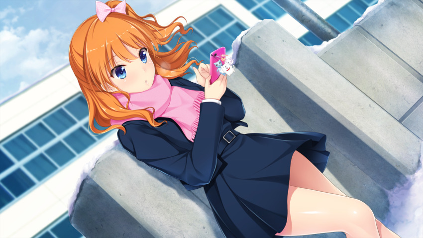 1girl, akino_subaru, aoi_hinata_(gin'iro_haruka), bare_legs, blue_dress, blue_eyes, bow, cellphone, dress, dutch_angle, floating_hair, game_cg, gin'iro_haruka, hair_between_eyes, hair_bow, holding, holding_phone, long_hair, long_sleeves, non-web_source, orange_hair, parted_lips, phone, pink_bow, pink_scarf, scarf, short_dress, side_ponytail, smartphone, snow, solo, standing, winter