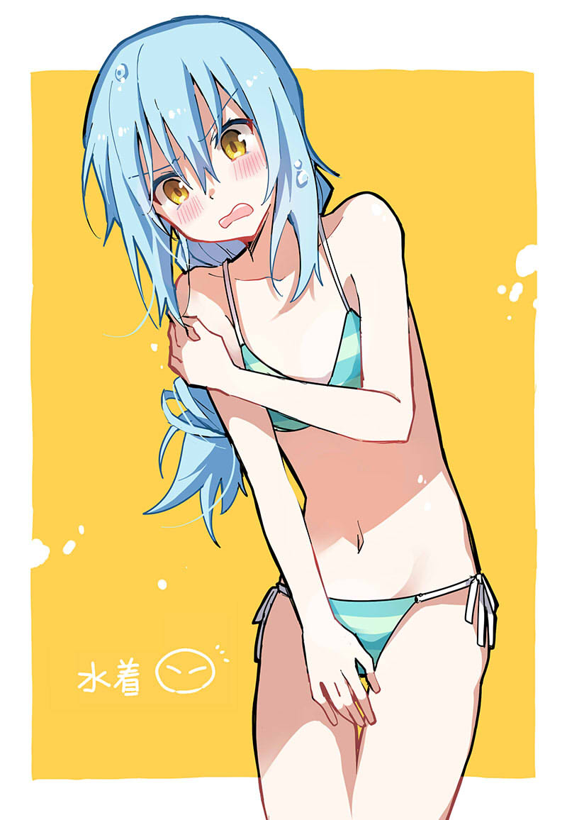 1other, bare_arms, bikini, blue_bikini, blue_hair, blush, border, collarbone
