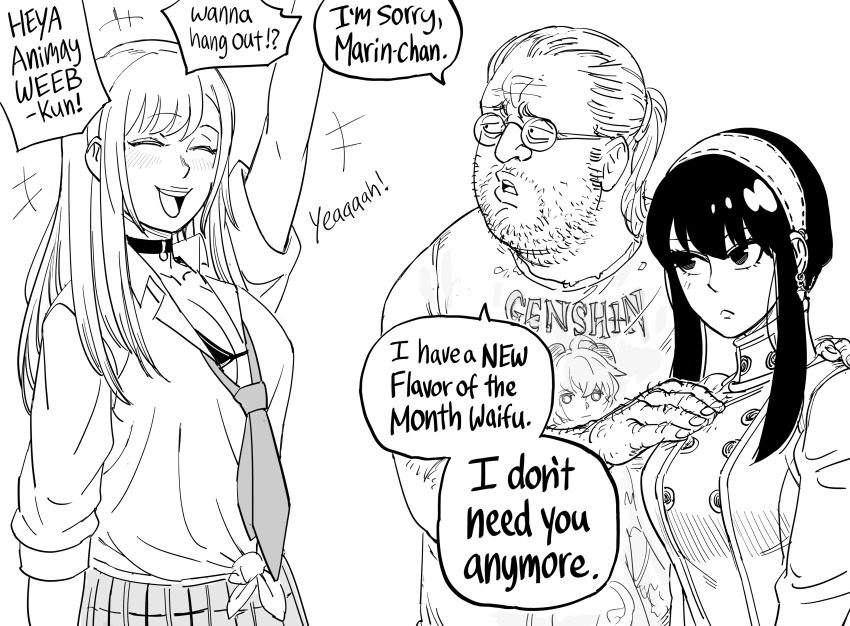 1boy, 2girls, :d, :|, ^_^, absurdres, arm_at_side, arm_up, bb_(baalbuddy), bikini, black_bikini, blush, breasts, buttons, character_print, choker, cleavage, closed_eyes, closed_mouth, collarbone, commentary, double-breasted, english_commentary, english_text, eyebrows_hidden_by_hair, facial_hair, ganyu_(genshin_impact), genshin_impact, greyscale, hair_between_eyes, height_difference, highres, kitagawa_marin, looking_at_another, looking_to_the_side, looking_up, meta, monochrome, multiple_girls, netorare, open_mouth, otaku, pinyin_text, ponytail, reverse_netorare, shirt, simple_background, sketch, smile, sono_bisque_doll_wa_koi_wo_suru, speech_bubble, spy_x_family, stubble, swimsuit, tied_shirt, upper_body, white_background, yor_briar