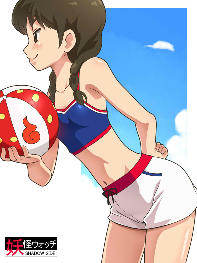 1girl, amano_natsume, awa, ball, beachball, blush, braid, brown_eyes, brown_hair, closed_mouth, cloud, collarbone, long_hair, navel, shorts, smile, solo, swimsuit, twin_braids, youkai_watch, youkai_watch_shadowside