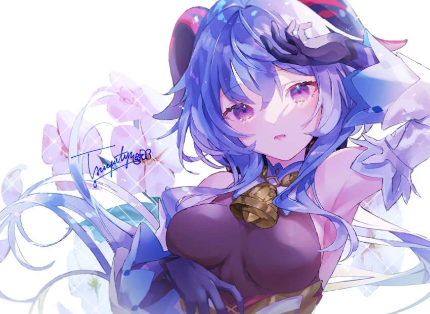 1girl, ahoge, bare_shoulders, bell, black_gloves, blue_hair, breasts, detached_sleeves