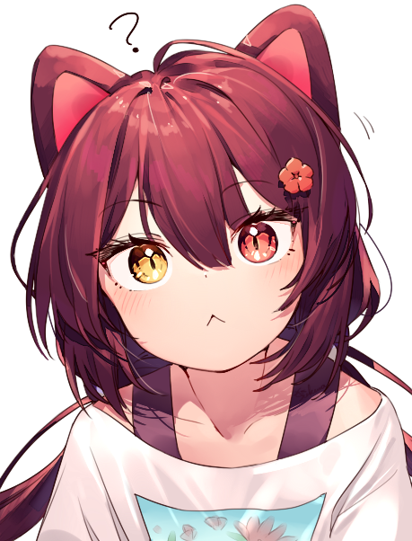 1girl, :<, ?, animal_ears, blouse, blush, brown_hair, closed_mouth, dog_ears, flower, hair_between_eyes, hair_flower, hair_ornament, inui_toko, nijisanji, open_mouth, portrait, red_eyes, red_flower, shirt, simple_background, solo, sukuna136, virtual_youtuber, white_background, white_shirt, yellow_eyes