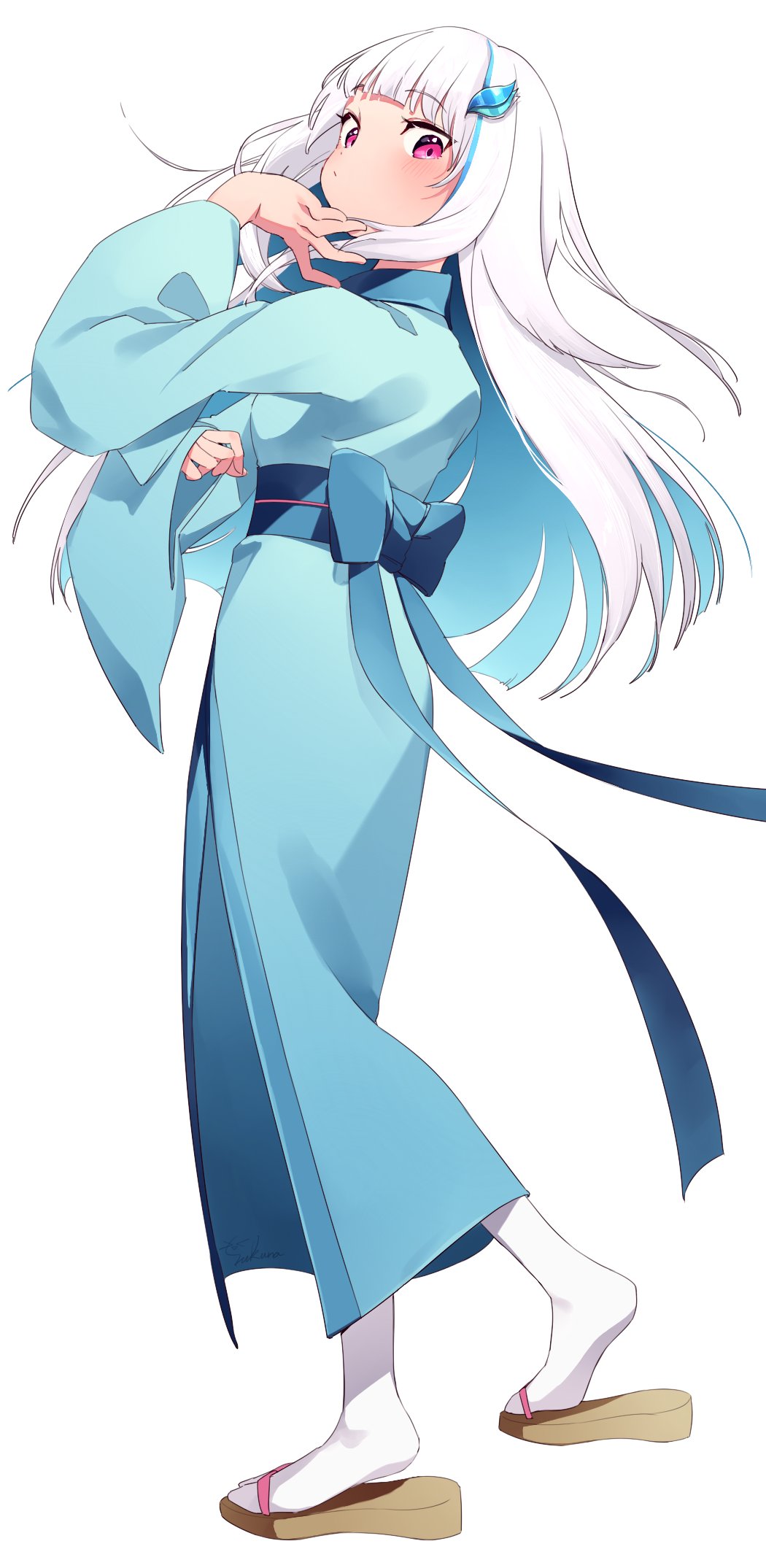 1girl, blue_hair, blue_kimono, blunt_bangs, blush, closed_mouth, colored_inner_hair, from_side