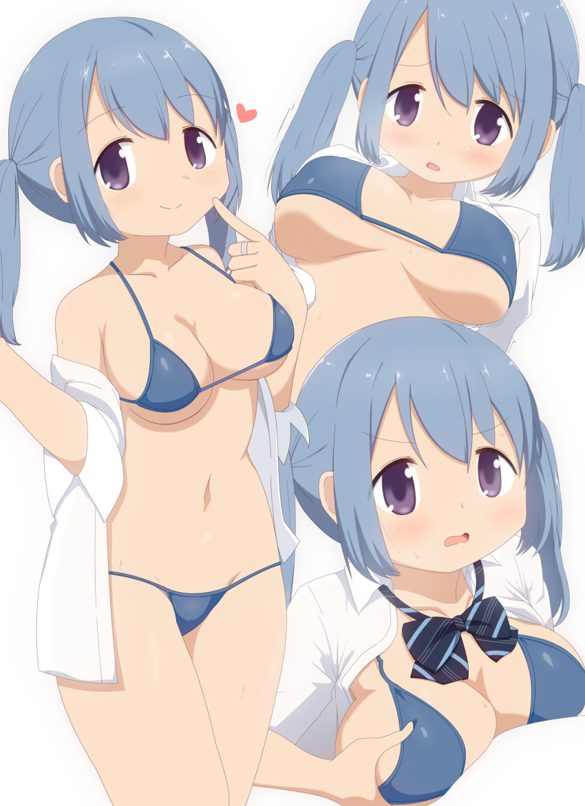 1girl, bikini, blouse, blue_hair, bow, bowtie, breasts, curakuru