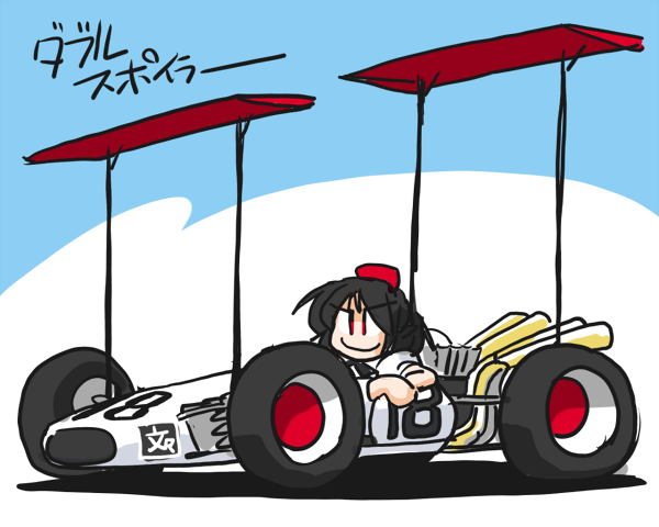 1girl, black_hair, brabham_bt26, car, double_spoiler, female_focus, formula_one, formula_racer, hat, kieyza, motor_vehicle, pun, race_vehicle, racecar, racing_car, red_eyes, shameimaru_aya, short_hair, simple_background, smile, solo, tokin_hat, too_literal, touhou, translated, vehicle_focus
