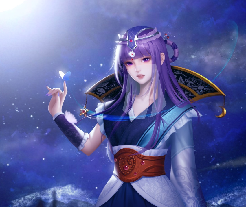 1girl, absurdres, asymmetrical_sleeves, bug, butterfly, hair_ornament, hair_rings, hairpin