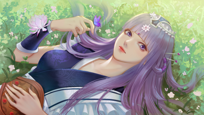 1girl, asymmetrical_sleeves, bug, butterfly, flower, grass, hair_ornament, hair_rings, highres, insect, long_hair, looking_back, lying, muqing_mq, on_back, purple_hair, qinshi_mingyue, shao_siming_(qin_shi_ming_yue), smile, solo, upper_body