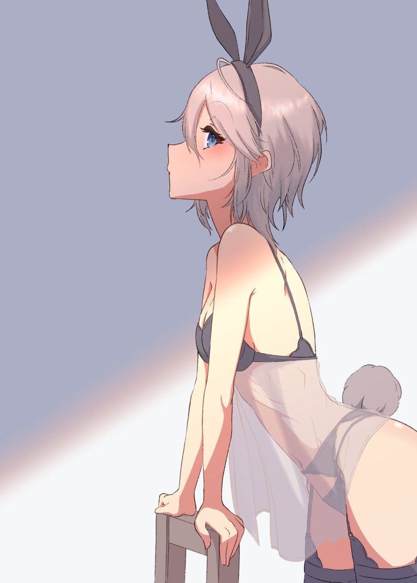 1girl, anastasia_(idolmaster), animal_ears, arm_support, babydoll, black_bra, black_panties, blush, bra, breasts, chair, cleavage, fake_animal_ears, garter_belt, grey_hair, highres, idolmaster, idolmaster_cinderella_girls, leaning_on_object, looking_at_viewer, panties, profile, rabbit_ears, rabbit_tail, short_hair, simple_background, small_breasts, solo, tail, tantei001, thighhighs, underwear, underwear_only, wooden_chair