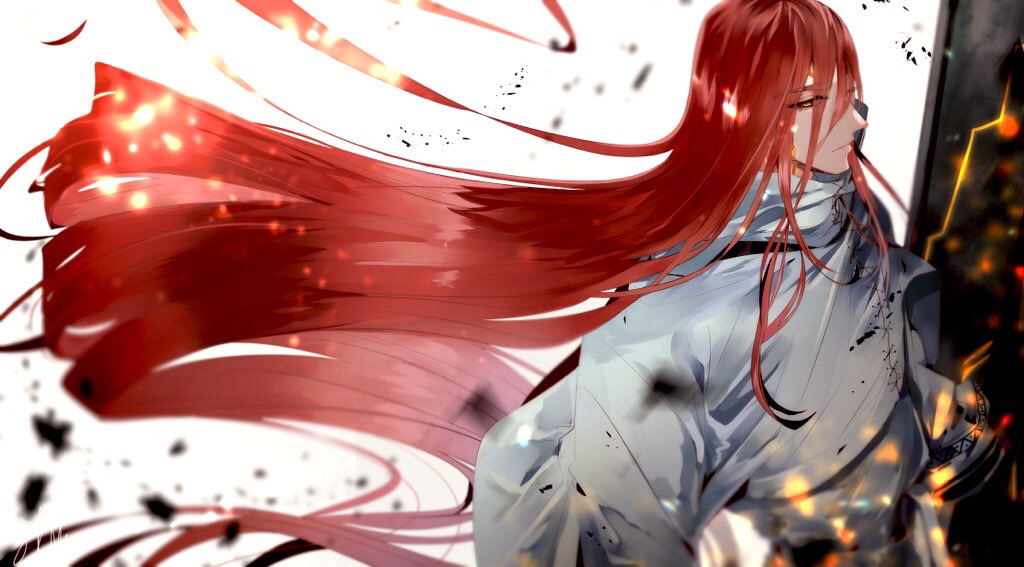 1boy, embers, long_hair, looking_at_viewer, male_focus, red_hair, shuumatsu_no_valkyrie, simple_background, sirofuku414, solo, thor_(shuumatsu_no_valkyrie), very_long_hair, white_background