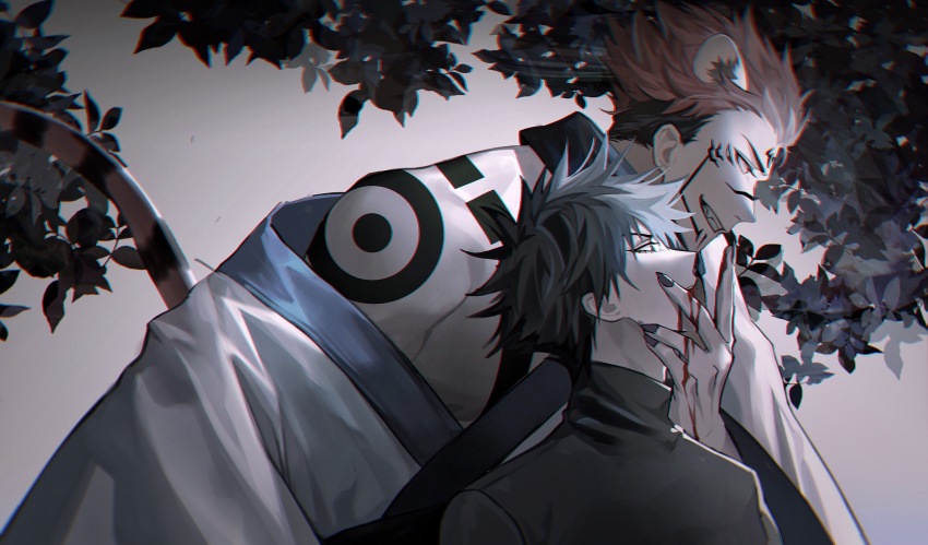2boys, animal_ears, black_hair, black_nails, bleeding, blood, blood_on_hands, chest_tattoo