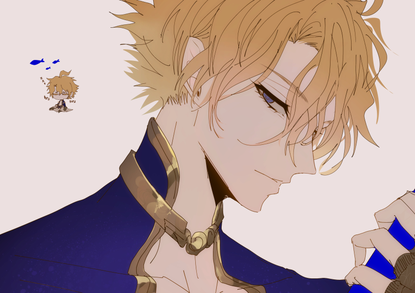 1boy, absurdres, blonde_hair, blue_eyes, chibi, chibi_inset, highres, looking_at_viewer