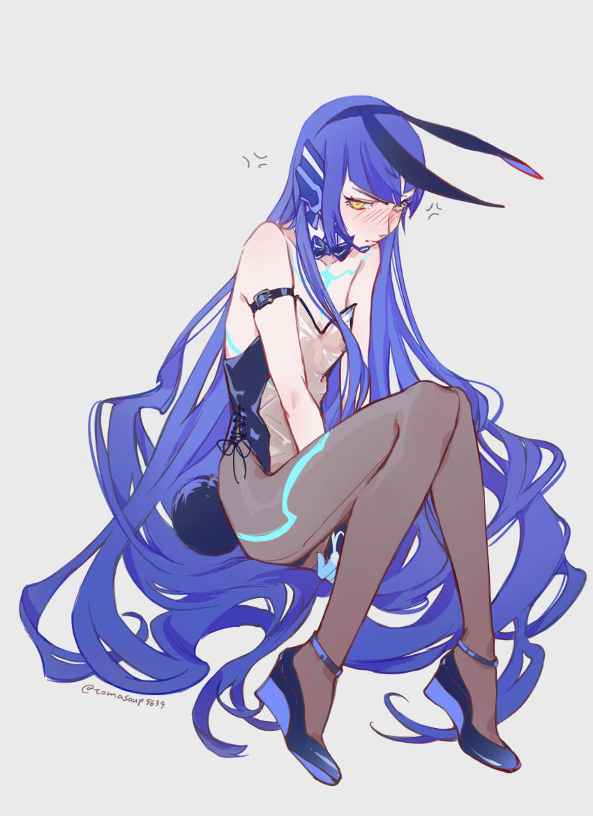1boy, ankle_strap, armband, between_legs, blue_bow, blue_bowtie, blue_footwear, blue_leotard, blush, bow, bowtie, closed_mouth, collar, commentary, crossdressing, crossdressing_(mtf), detached_collar, embarrassed, english_commentary, grey_background, hairband, hand_between_legs, high_heels, highres, invisible_chair, knees_together_feet_apart, legs, leotard, long_hair, looking_at_viewer, male_focus, male_playboy_bunny, pantyhose, protagonist_(smtv), rabbit_tail, see-through_clothes, see-through_leotard, shin_megami_tensei, shin_megami_tensei_v, sidelocks, simple_background, sitting, solo, strappy_heels, tail, tattoo, thighs, tomasoup9639, trap, twitter_username, very_long_hair, wedge_heels, white_collar, yellow_eyes