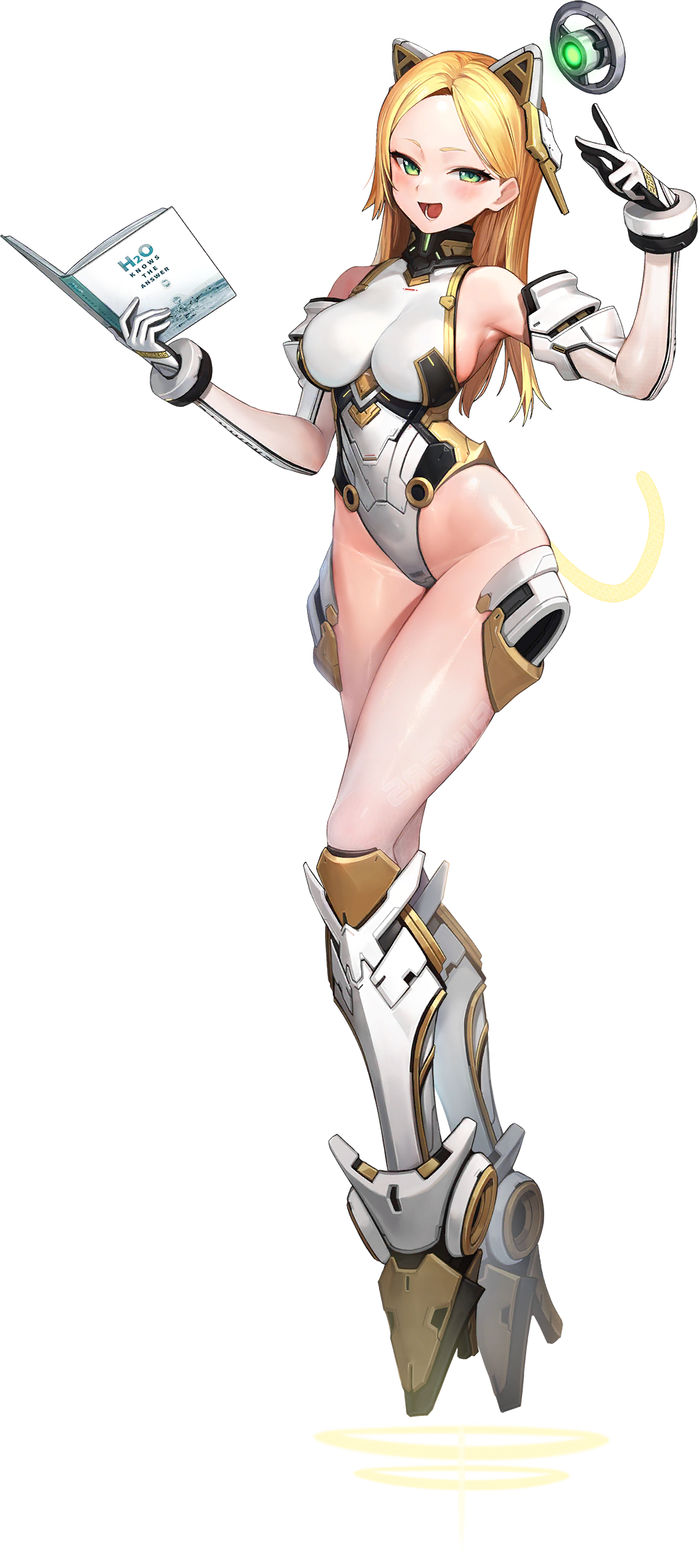 1girl, alternate_hairstyle, animal_ears, blonde_hair, blush, book, boots, breasts, cat_ears, cat_tail, elbow_gloves, english_text, full_body, gloves, green_eyes, hair_down, halo, highres, hologram, jam_(nandade), large_breasts, last_origin, leotard, long_hair, looking_at_viewer, mechanical_halo, mercury_(last_origin), official_art, open_mouth, smile, solo, tail, thighs, transparent_background, white_boots