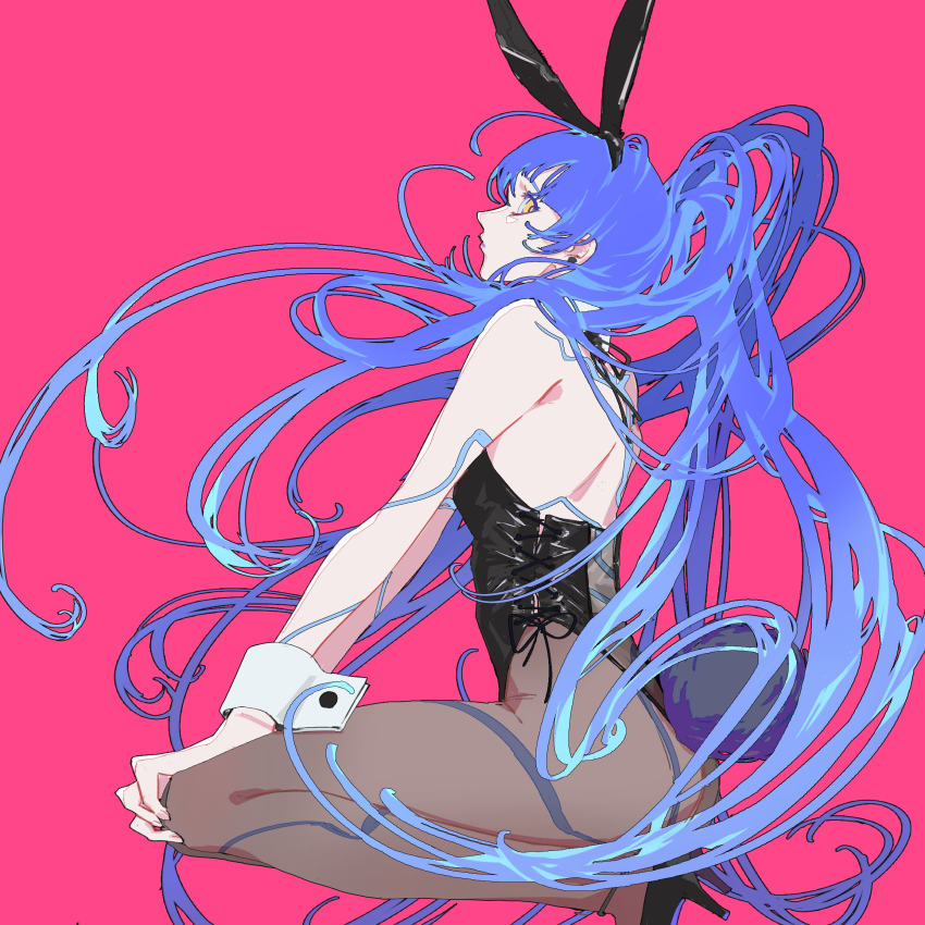 1boy, androgynous, animal_ears, ass, breasts, chinese_commentary, cleavage, commentary_request, crossdressing, crossdressing_(mtf), detached_collar, eyelashes, fake_animal_ears, highres, long_hair, looking_at_viewer, male_focus, pantyhose, pink_background, playboy_bunny, ponytail, protagonist_(smtv), purple_hair, rabbit_ears, rabbit_tail, shin_megami_tensei, shin_megami_tensei_v, simple_background, solo, squatting, tail, tomasoup9639, trap, very_long_hair, wrist_cuffs, yellow_eyes