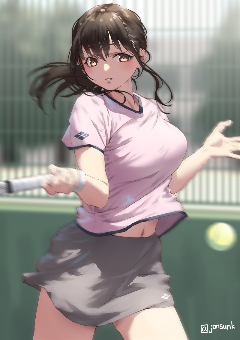 1girl, aya_(jonsun), ball, black_shorts, blouse, blurry, blurry_background, breasts