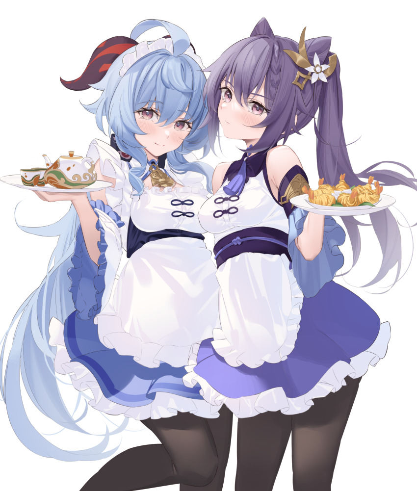 2girls, ahoge, alternate_costume, apron, blue_hair, blush, choker, cone_hair_bun