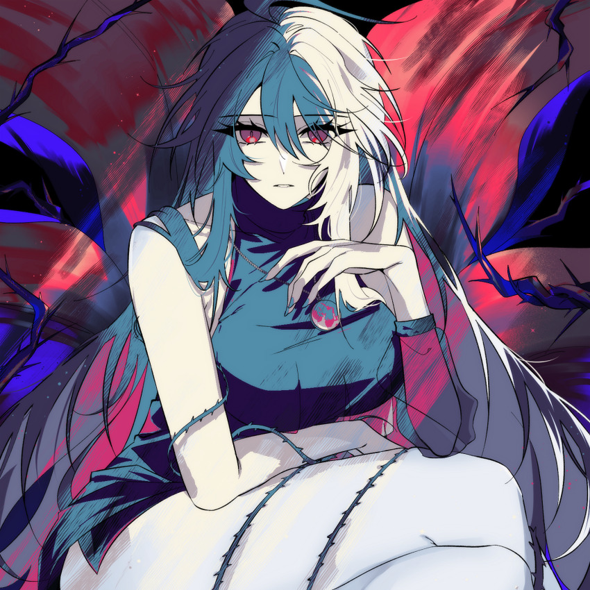 1girl, alchemy_stars, black_hair, highres, long_hair, paloma_(alchemy_stars), red_eyes, white_hair