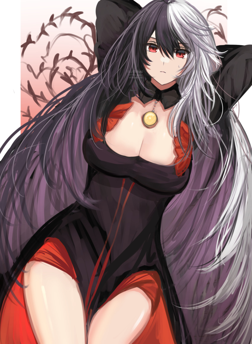 1girl, alchemy_stars, black_hair, highres, long_hair, paloma_(alchemy_stars), red_eyes, white_hair