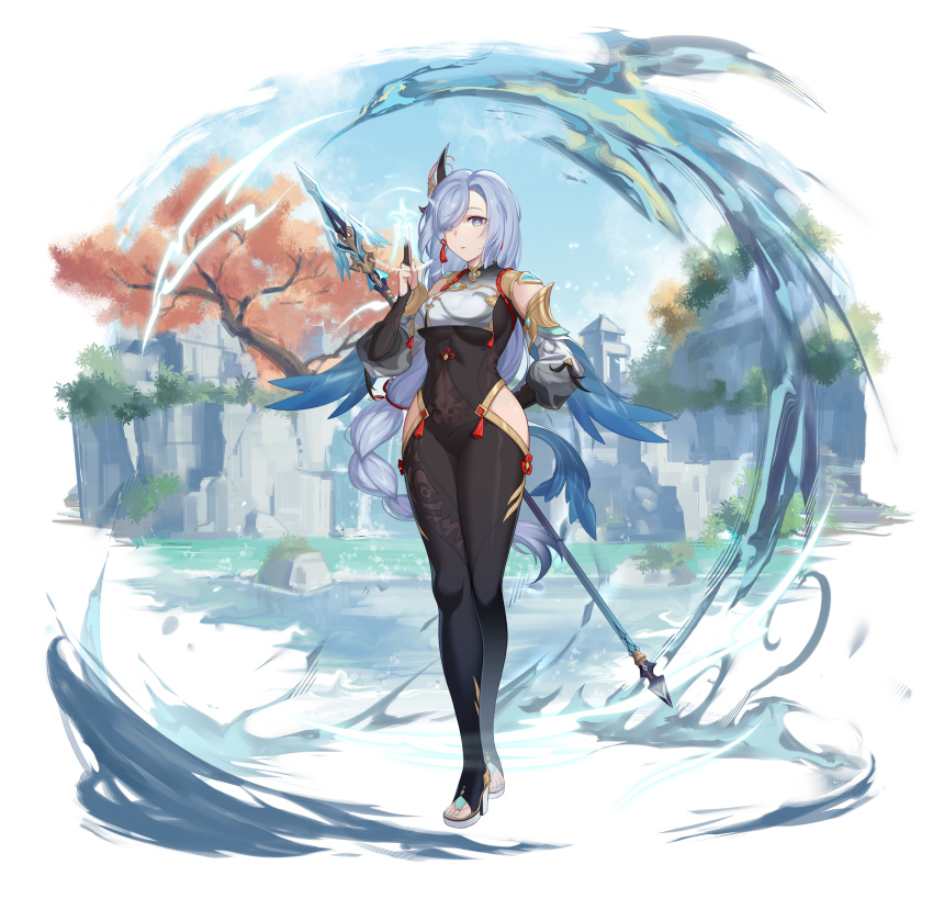 1girl, absurdres, aqua_eyes, aqua_nails, arm_behind_back, black_bodysuit, blue_sky, bodysuit