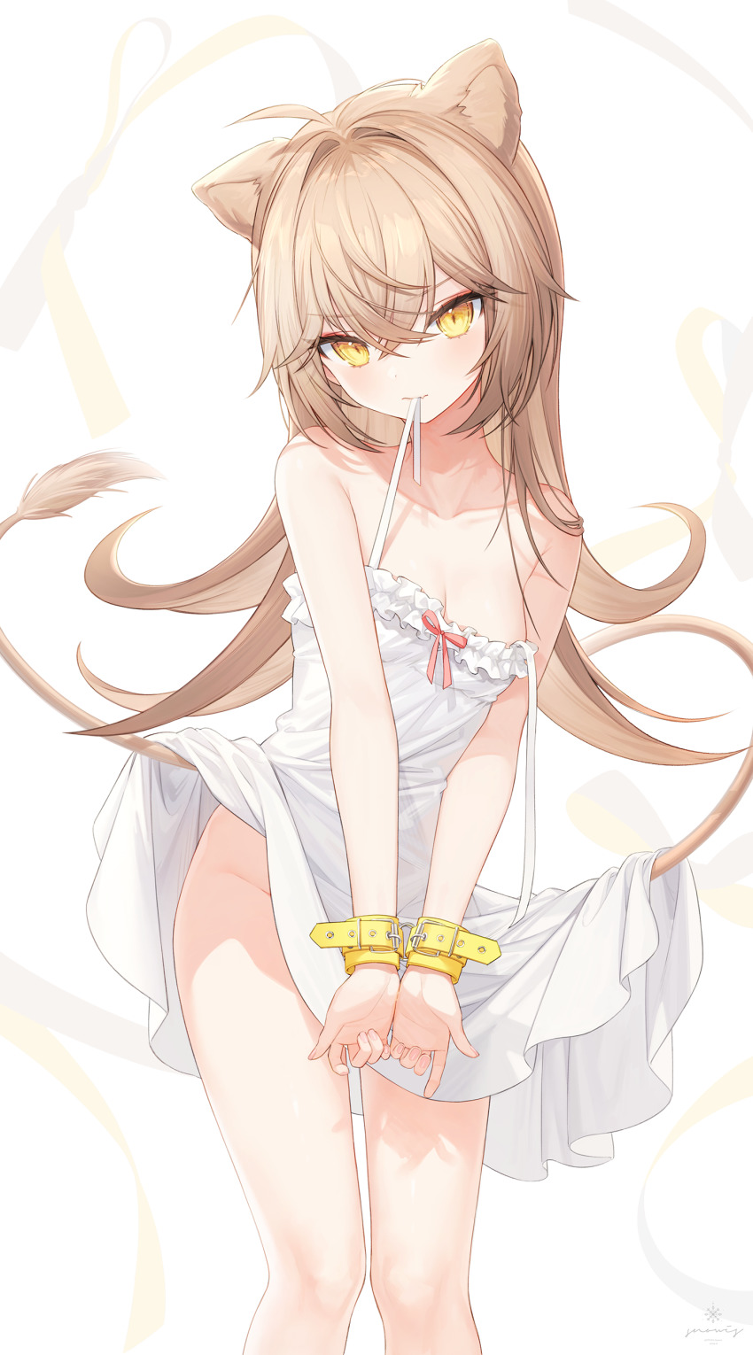1girl, absurdres, ahoge, animal_ears, bare_arms, bare_shoulders, bound, bound_wrists, brown_hair, dress, frilled_dress, frills, highres, indie_virtual_youtuber, lion_ears, lion_girl, lion_tail, long_hair, looking_at_viewer, mouth_hold, no_panties, restrained, rurudo_lion, rurudo_lion_(1st_costume), sleeveless, sleeveless_dress, snow_is, solo, spaghetti_strap, strap_slip, sundress, tail, thighs, v-shaped_eyebrows, virtual_youtuber, white_dress, yellow_eyes