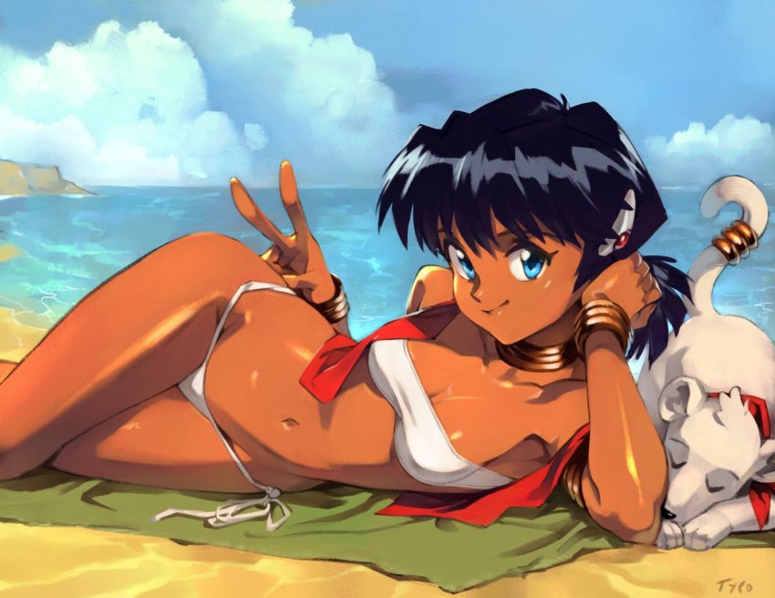 1girl, animal, bandeau, beach, bikini, black_hair, blue_eyes, bracelet