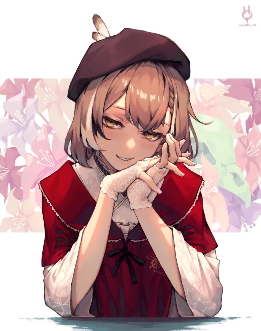 1girl, beret, blush, braid, brown_eyes, brown_hair, feathers, fingerless_gloves