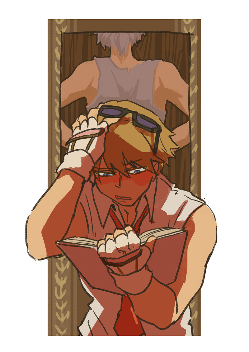 2boys, alexander_digotz, blonde_hair, blouse, blue_eyes, book, border, collared_shirt