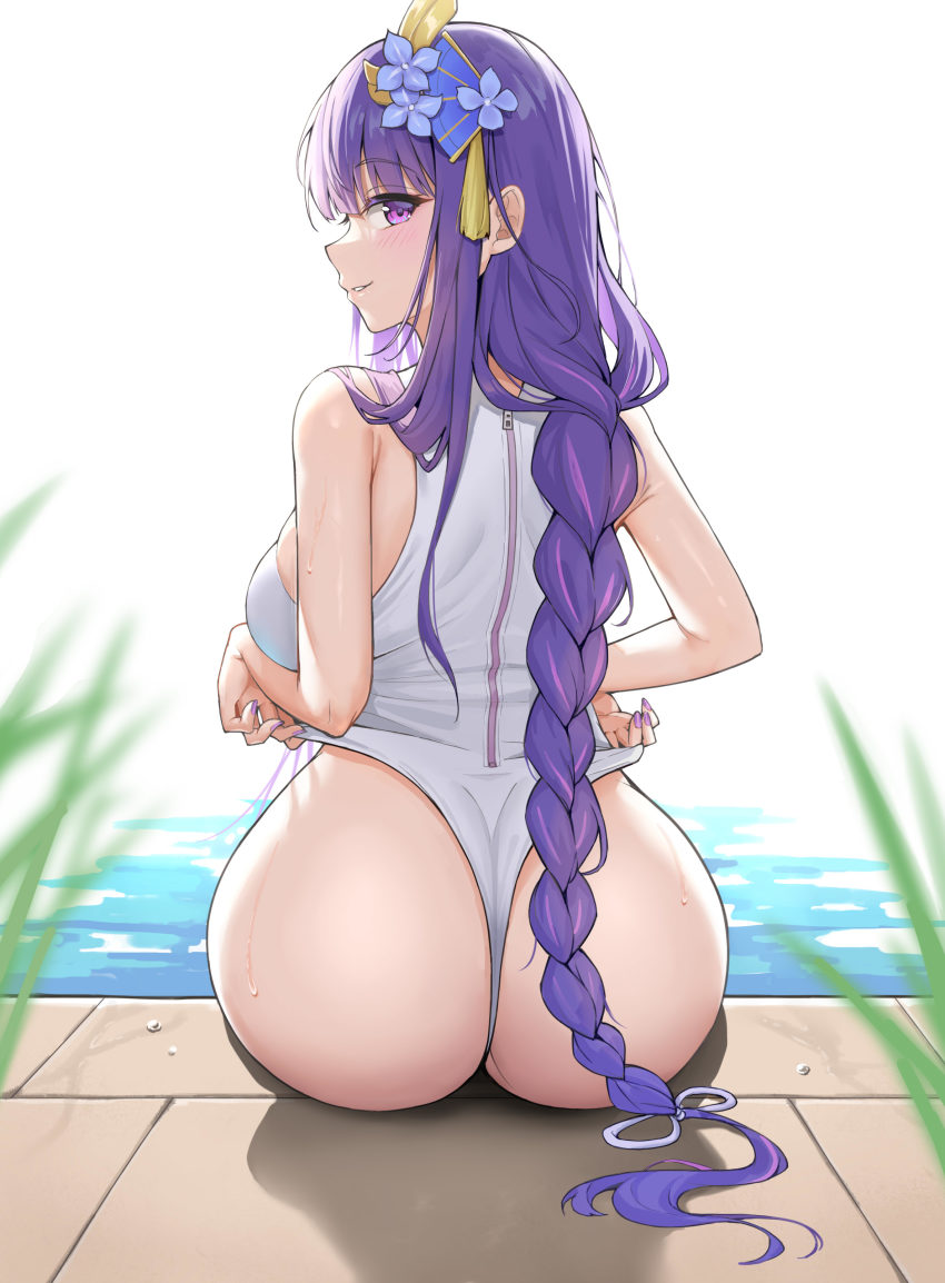 1girl, absurdres, ass, backlighting, bare_shoulders, blunt_bangs, blush, braid, breasts, clothes_pull, fingernails, from_behind, genshin_impact, grass, hair_ornament, highleg, highleg_one-piece_swimsuit, highres, hongye_feixue, large_breasts, long_fingernails, long_hair, looking_at_viewer, looking_back, low-braided_long_hair, low-tied_long_hair, one-piece_swimsuit, one-piece_swimsuit_pull, partially_submerged, poolside, purple_eyes, purple_hair, raiden_shogun, seductive_smile, simple_background, sitting, skindentation, smile, solo, swimsuit, tassel, tassel_hair_ornament, wet, white_background, white_one-piece_swimsuit, wide_hips, zipper_pull_tab