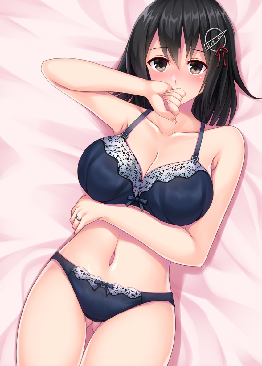 1girl, absurdres, bed_sheet, black_bra, black_eyes, black_hair, black_panties, blush