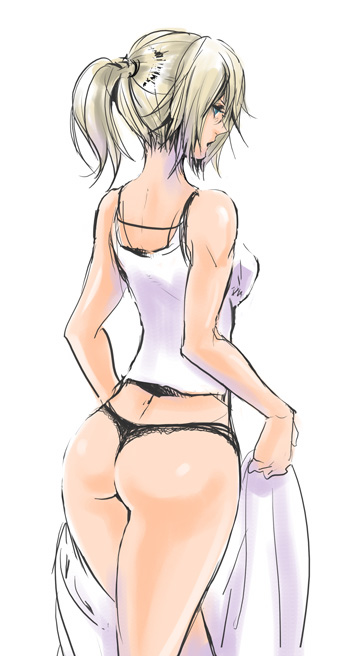 1girl, ass, black_panties, blonde_hair, emma_honeywell, female_focus, green_eyes, mature_female, panties, ponytail, simple_background, solo, tank_top, the_last_remnant, thong, tm_jirou, underwear
