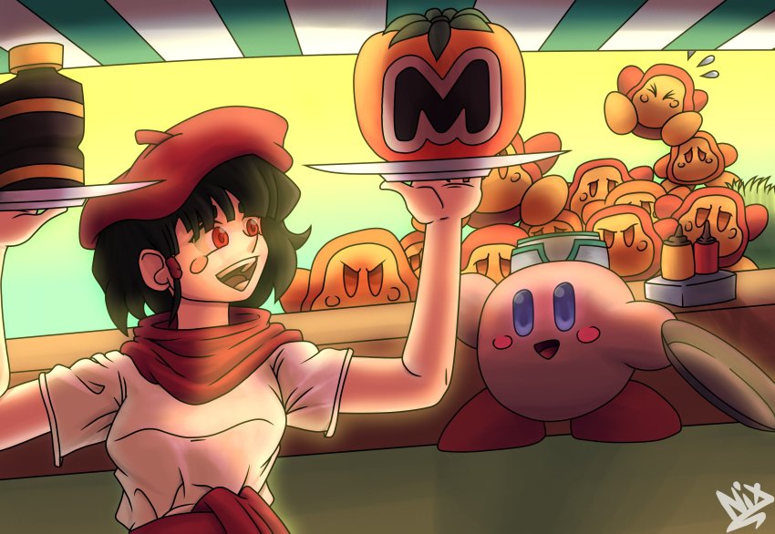 arms_up, beret, blush, brown_eyes, brown_hair, food, group_picture, hair_ornament, handkerchief, happy, hat, highres, kirby, kirby_(series), maria_del_carmen, nintendo, nix_manga, open_mouth, original, red_eyes, red_headwear, shirt, short_hair, short_sleeves, virtual_youtuber, waddle_dee, waving