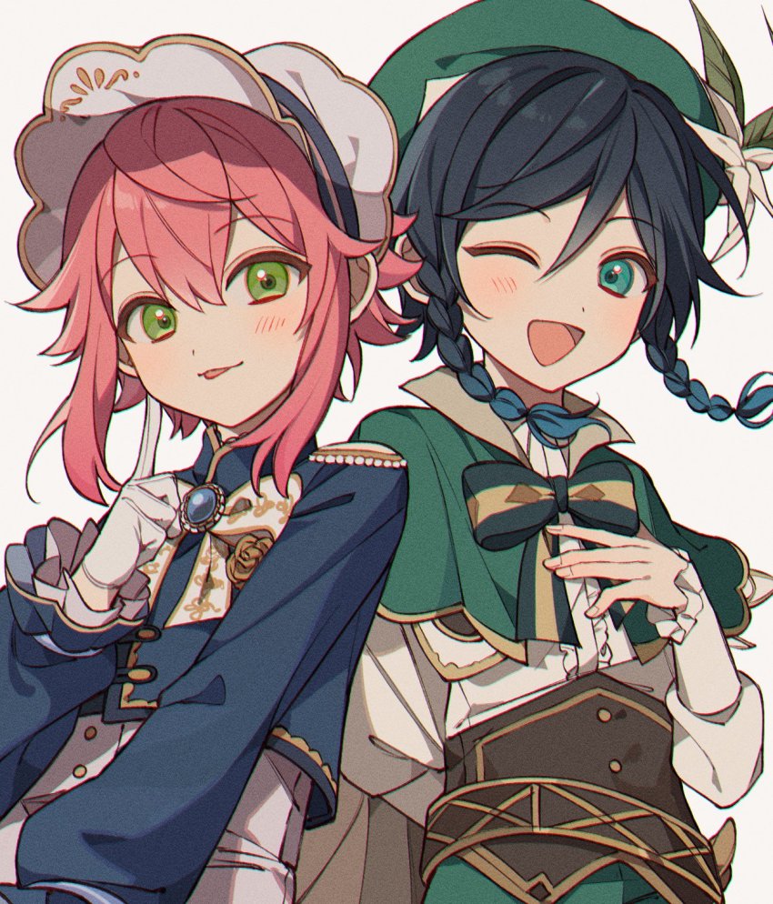 2boys, :p, ;d, ahoge, aqua_eyes, beret, black_hair, blue_hair, blush, braid, cape, classic_lolita, clunch, collared_cape, corset, crossover, ensemble_stars!, flower, genshin_impact, gloves, gradient_hair, green_cape, green_eyes, green_headwear, hat, hat_flower, highres, hime_lolita, himemiya_tori, korean_commentary, lolita_fashion, male_focus, multicolored_hair, multiple_boys, murase_ayumu, one_eye_closed, open_mouth, pink_hair, short_hair, short_hair_with_long_locks, smile, tongue, tongue_out, twin_braids, venti_(genshin_impact), voice_actor_connection, white_flower, white_gloves