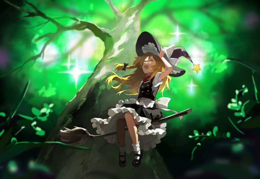 1girl, :d, apron, bare_tree, black_bow, black_hat, black_shoes, black_skirt