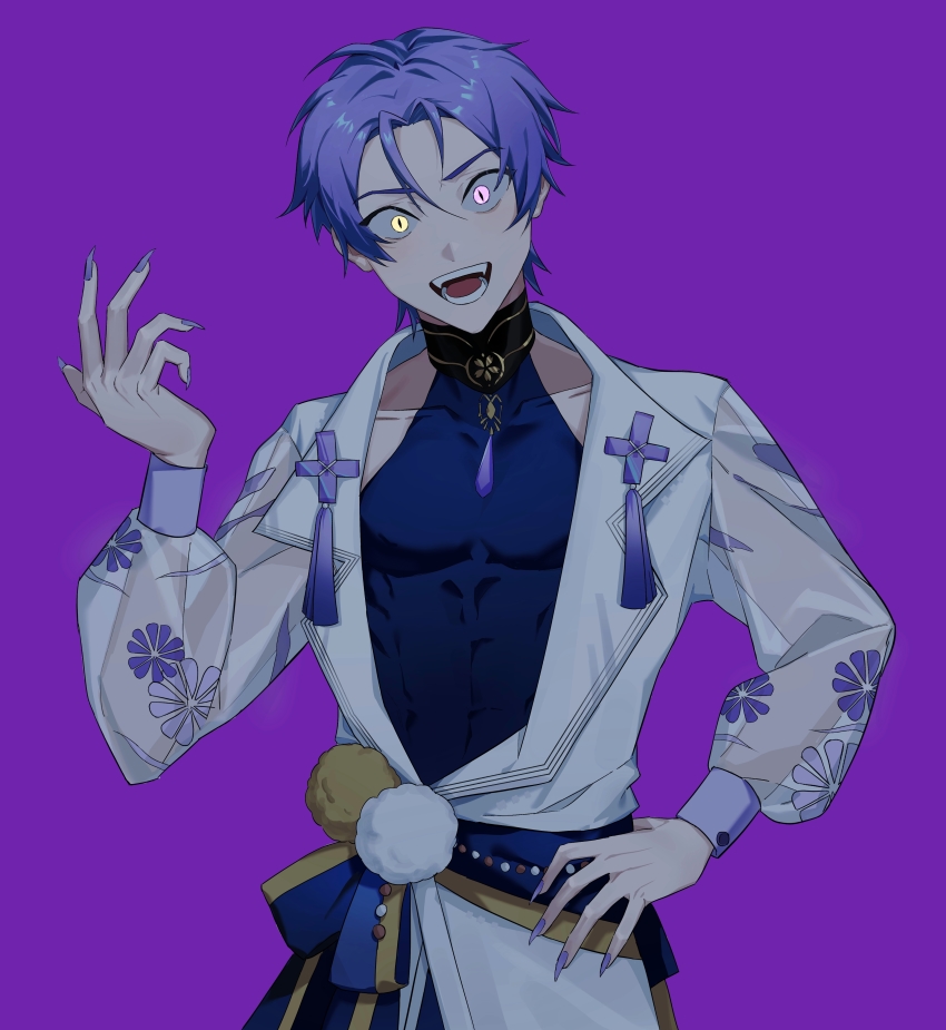 1boy, abs, absurdres, fangs, floral_print, hand_on_own_hip, heterochromia, highres, kuya_(nu_carnival), long_sleeves, looking_at_viewer, male_focus, nail_polish, nu_carnival, open_mouth, purple_background, purple_eyes, purple_hair, purple_nails, short_hair, slit_pupils, tassel, xianliang_ban, yellow_eyes