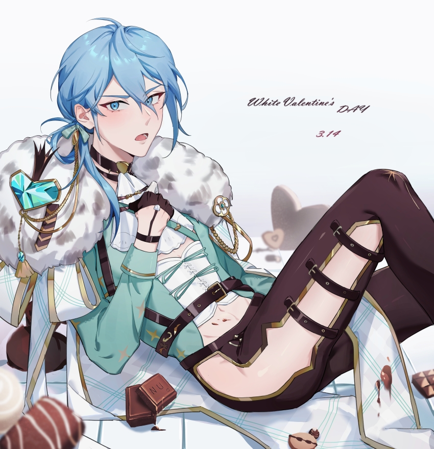 1boy, absurdres, ascot, black_gloves, blue_eyes, blue_hair, blush, candy