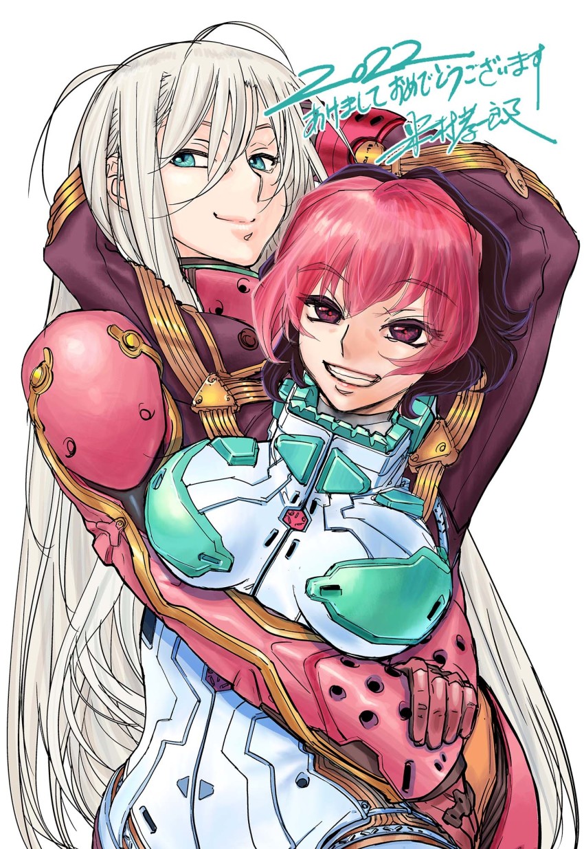 2022, 2girls, blue_eyes, brown_hair, dated, grey_hair, highres, hug