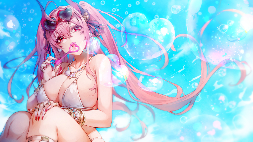 1girl, bikini, blue_sky, bracelet, breasts, bubble, blowing_bubbles, clam_shell
