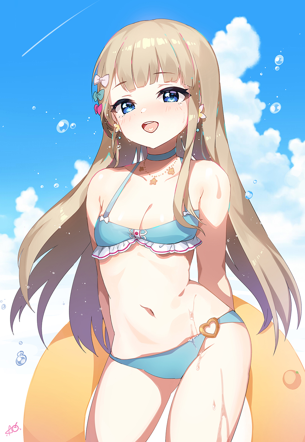 1girl, :d, apple_caramel, bad_id, bad_pixiv_id, bare_arms, bare_shoulders, bikini