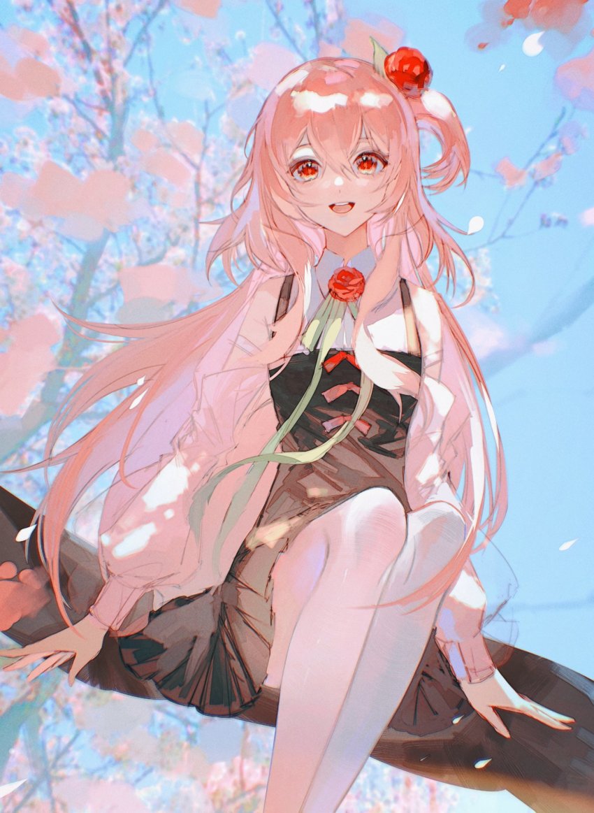 1girl, alternate_costume, alternate_hairstyle, bare_shoulders, blush, cherry_blossoms, chunbuchou, dress, flower, green_ribbon, highres, long_hair, long_sleeves, looking_at_viewer, multicolored_clothes, nijisanji, nijisanji_en, pink_eyes, pink_hair, red_flower, red_ribbon, red_rose, ribbon, rose, rosemi_lovelock, sitting_on_branch, smile, solo, teeth, tongue, very_long_hair, virtual_youtuber, white_dress